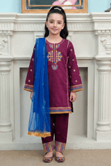 Girls Premium 3-Piece Maroon Embroidered Cotton Suit with Net Dupatta – Festive & Casual Wear