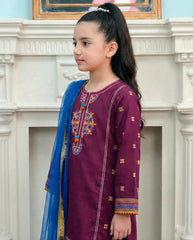 Girls Premium 3-Piece Maroon Embroidered Cotton Suit with Net Dupatta – Festive & Casual Wear