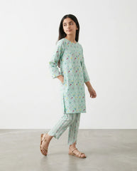Girls Pastel Blue Floral Printed 2-Piece Co-Ord Set | Embroidered Lawn Kurta & Wide-Leg Trousers