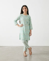 Girls Pastel Blue Floral Printed 2-Piece Co-Ord Set | Embroidered Lawn Kurta & Wide-Leg Trousers