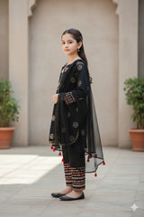 Girls Black Cotton Sequin Embroidered Ethnic Suit with Net Dupatta – Festive & Party Wear