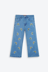 Girls Blue Wide Leg Rainbow Embroidered Pant