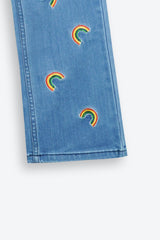 Girls Blue Wide Leg Rainbow Embroidered Pant