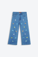 Girls Blue Wide Leg Butterfly Embroidered Pant