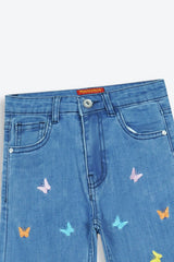 Girls Blue Wide Leg Butterfly Embroidered Pant
