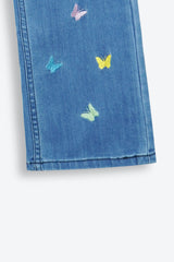 Girls Blue Wide Leg Butterfly Embroidered Pant