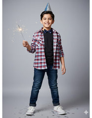 Kids Red-Blue Plaid Cotton Casual Shirt