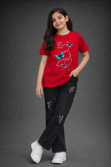 Girls Red Butter Fly Tee