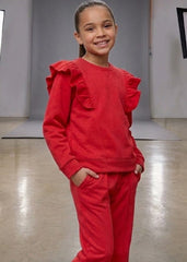 Cherry Red Quilted Ruffle Suit for Girls | Winter 2-Piece Set