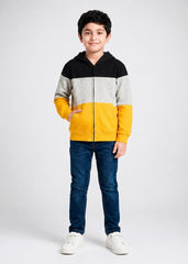 Kids Black-Grey-Yellow Color-Block Zip-Up Hoodie – 100% Cotton Fleece