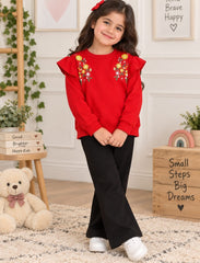 Girls Red Fleece Sweatshirt with Floral Embroidery & Ruffle Shoulders