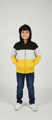 Kids Black-Grey-Yellow Color-Block Zip-Up Hoodie – 100% Cotton Fleece