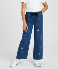 Girls  Blue Wide Leg Pink Heart Embroidered Trouser