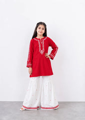 Girls Red Embroidered Kurta with White Printed Gharara – 2 Piece Traditional Festive Outfit