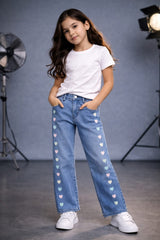 Girls Ice Blue  Wide Leg  Heart Embroidered Pant