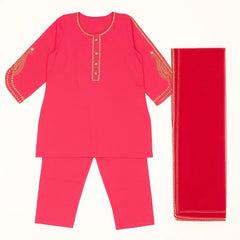 Cotton Shocking Pink Embroidered  3 Pcs Suit With Net Dupatta