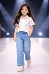 Girls Light Blue Flare Yellow Flower Embroidered Pant