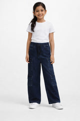 Girls Dark Blue Wide Leg Eight Pocket Trouser