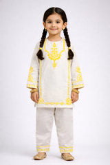 Girls Eastern Cotton Suit – Off-White with Yellow Embroidery
