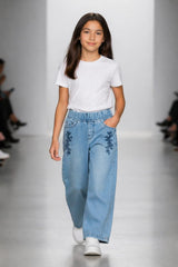 Girls Light Blue Wide Leg Blue Flower Embroidered Trouser.