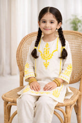 Girls Eastern Cotton Suit – Off-White with Yellow Embroidery