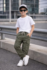 Boys Olive Green Cotton 6 Pocket Cargo Trouser