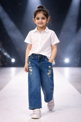 Girls Dark  Blue Flare Yellow Flower Embroidered Pant