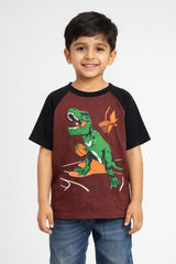 Boys Brown Dinosaur Puff Printed Tee
