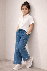 Girls Light Blue Super Soft Wide Leg Flower 6 Pocket Embroidered Trouser
